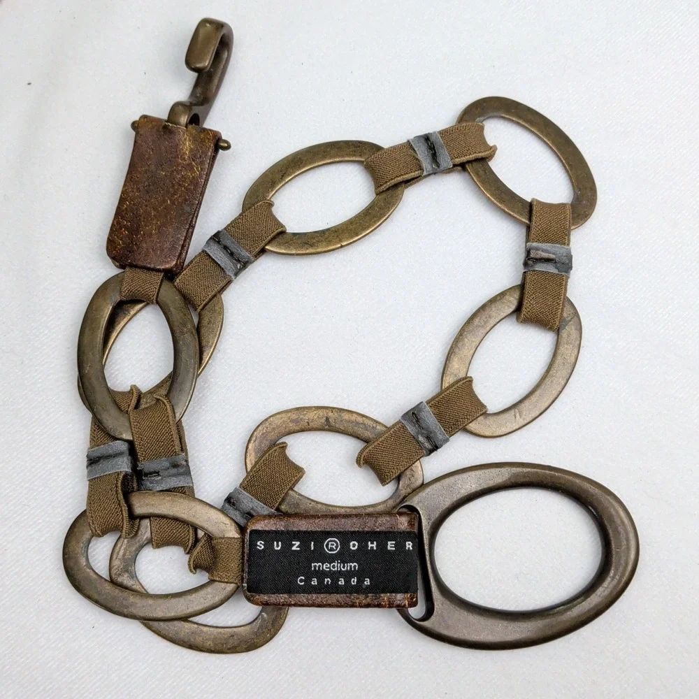 Suzi Roher Bronze Metal Oval Link Leather Elastic Chain Belt Hip Belt Medium